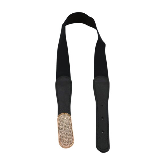 New Fun Women Black Stretch Waistband Fashion Belt Gold Oval Bling Buckle S M - Picture 17 of 17